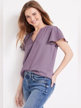 Shop the Mint Lightweight V-Neck Flutter Sleeve Top - Mauve